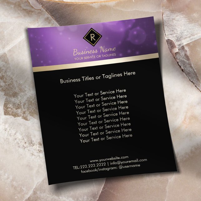 Flyer Monograma Dourado Logotipo inicial preto e roxo mo (Criador carregado)