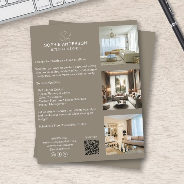Flyer Monograma Foto QR Taupe Professional Business (Monogram Photo QR Taupe Professional Business Flyer)