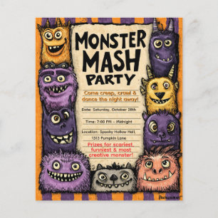 Flyer "Monster Mash Party" com monstros bonitos
