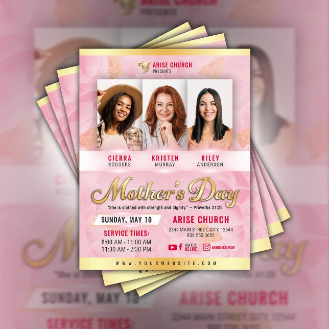 Flyer Mother's Day Church Service Pink Florals & Gold (Criador carregado)