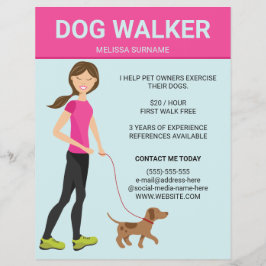 Flyer Mulher passeando com cachorro com uma ilustração d