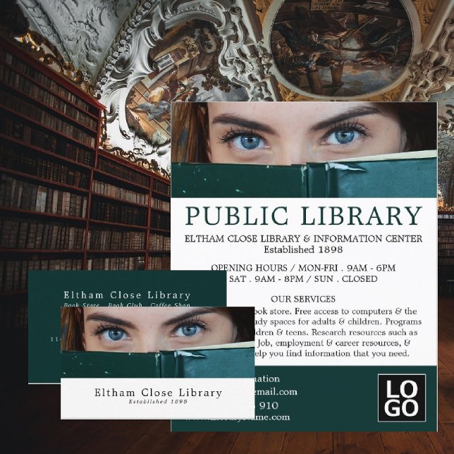 Flyer Mulher por trás do livro, publicidade em bibliotec (Criador carregado)