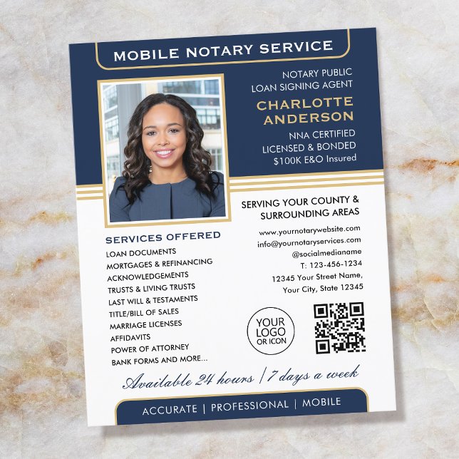 Flyer Na moda Mobile Notary Service Photo Blue Dourado (Criador carregado)
