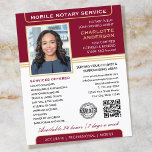 Flyer Na moda Mobile Notary Service Photo Burgundy Doura<br><div class="desc">Atrair mais clientes com esses clássicos folhetos de negócios notariais públicos. Um modelo de na moda personalizado com sua foto, nome, detalhes, código QR e um logotipo ou símbolo de acreditação. Os folhetos comerciais são uma maneira eficaz de promover sua empresa e anunciar seus serviços notariais. Uma maneira eficaz de...</div>