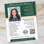 Flyer Na moda Mobile Notary Service Photo Green Dourado<br><div class="desc">Atrair mais clientes com esses folhetos de negócios clássicos do 'Serviço Notário Móvel'. Um modelo de na moda personalizado com sua foto, nome, detalhes, código QR e um logotipo ou símbolo de acreditação. Todos os textos e imagens podem ser personalizados ou excluídos para que você possa incluir as informações desejadas....</div>