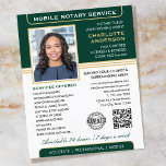 Flyer Na moda Mobile Notary Service Photo Green Dourado<br><div class="desc">Atrair mais clientes com esses clássicos folhetos de negócios notariais públicos. Um modelo de na moda personalizado com sua foto, nome, detalhes, código QR e um logotipo ou símbolo de acreditação. Os folhetos comerciais são uma maneira eficaz de promover sua empresa e anunciar seus serviços notariais. Uma maneira eficaz de...</div>