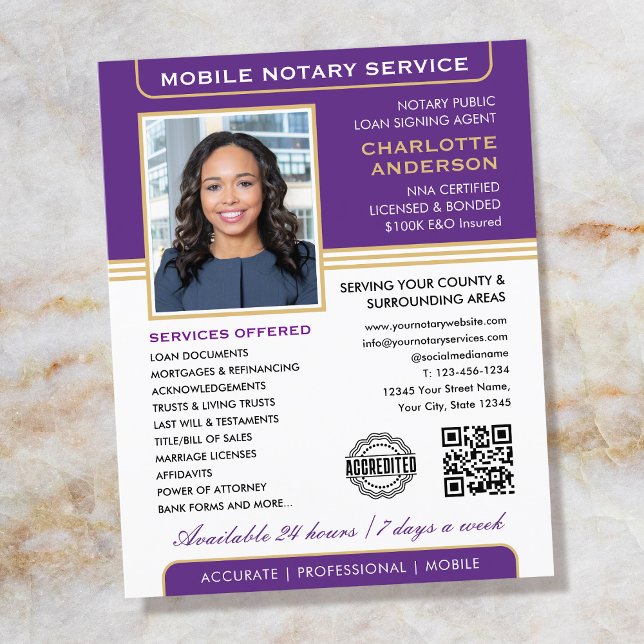 Flyer Na moda Mobile Notary Service Photo Purple Dourado (Criador carregado)