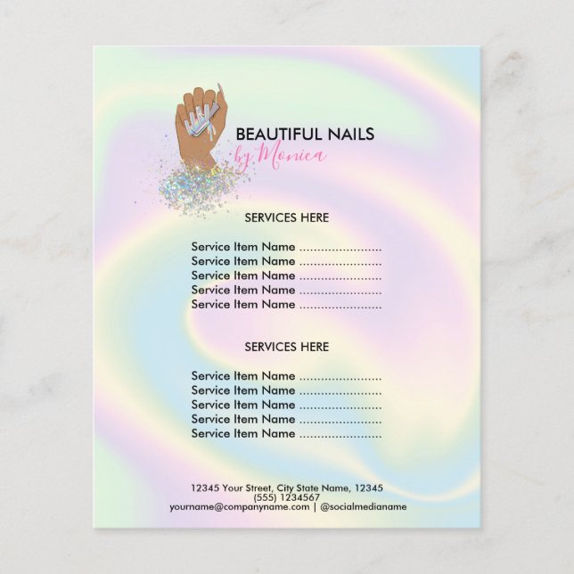 Flyer Nail Technician Mani Salon Holograph Girly Modern (Frente)