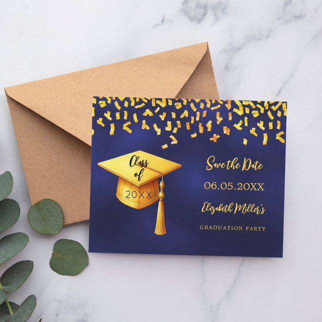 Flyer Navy blue gold Graduation Party Save the Date (Criador carregado)