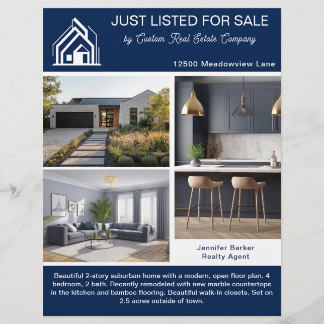 Flyer Navy Blue Real Estate Home Listing 2 Sided Modern (Frente)