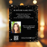 Flyer Negócio de promoção de foto em ouro negro qr code<br><div class="desc">Personalize e adicione seu negócio,  nome,  endereço,  texto,  foto,  seu próprio código QR ao seu site. Fundo preto,  texto branco. Decorado com faíscas douradas brilhantes.</div>