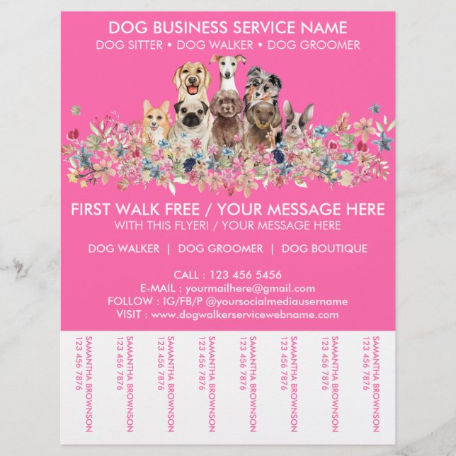 Flyer Neon Pink Brees Dog Walker Service (Frente)