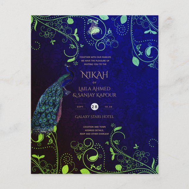 Flyer NIKAH - Convite para Casamento Azul de Peacock Isl (Frente)