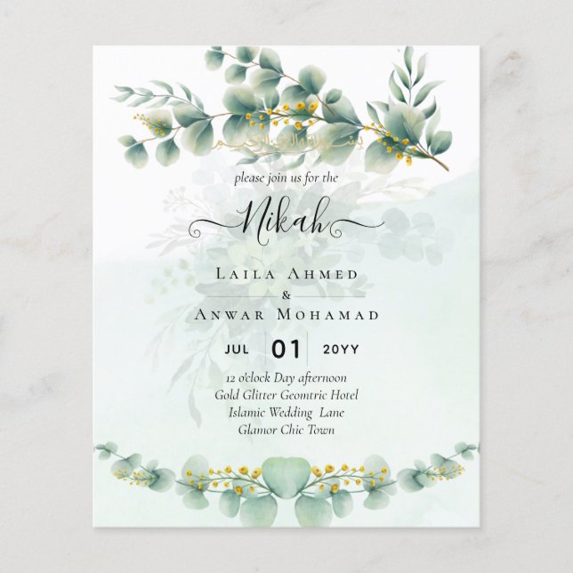 Flyer NIKAH Greenery Dourado Convites para Casamento Bil (Frente)