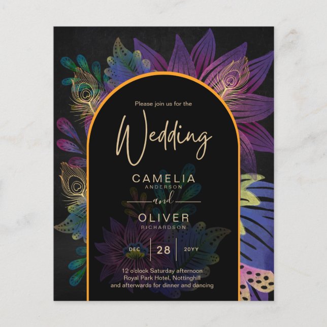 Flyer Noir Peacock Jewel Tones Casamento Floral (Frente)