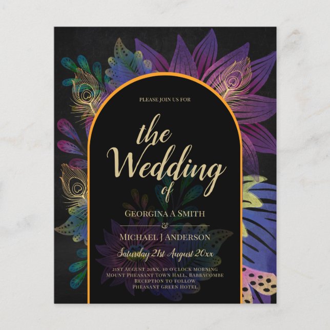 Flyer Noir Peacock Jewel Tones Casamento Floral (Frente)