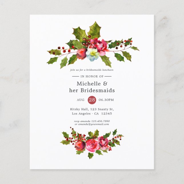 Flyer Noite de natal Bridesmaids Luncheon Holly Convite (Frente)