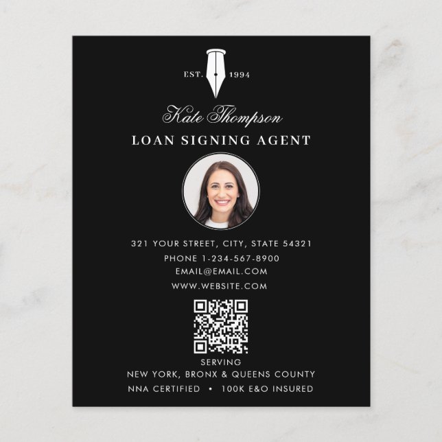 Flyer Notary Signing Agent  Modern Black QR Code Photo (Frente)