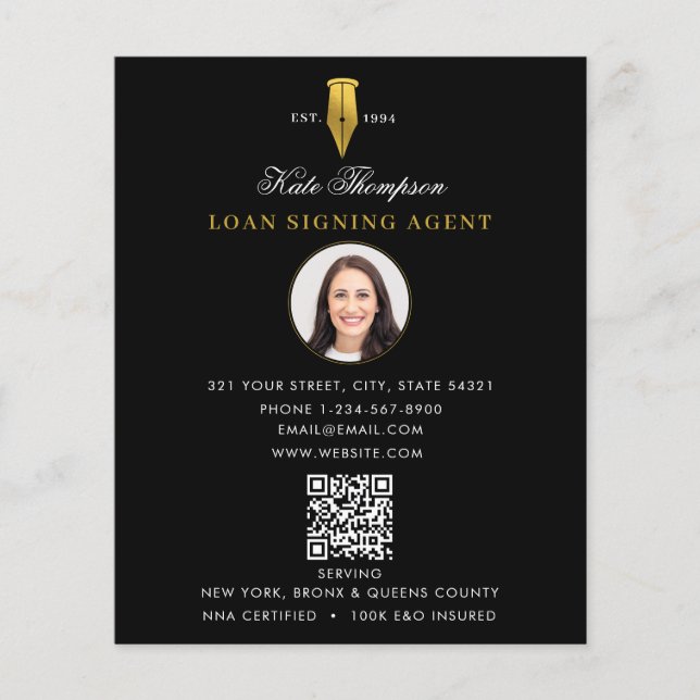 Flyer Notary Signing Agent  Modern Gold QR Code Photo (Frente)