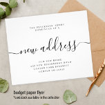 Flyer Novo endereço de orçamento anúncio moderno<br><div class="desc">Simples e elegante script de caligrafia de caligrafia de endereço preto e branco, barato BUDGET, movendo o anúncio PAPER FLYER. Fácil de personalizar com seu texto e novo endereço residencial. LEIA ISSO ANTES DE COMPRAR! Este é um cartão de barato de orçamento impresso em um FLYER. Observe que o PAPEL...</div>