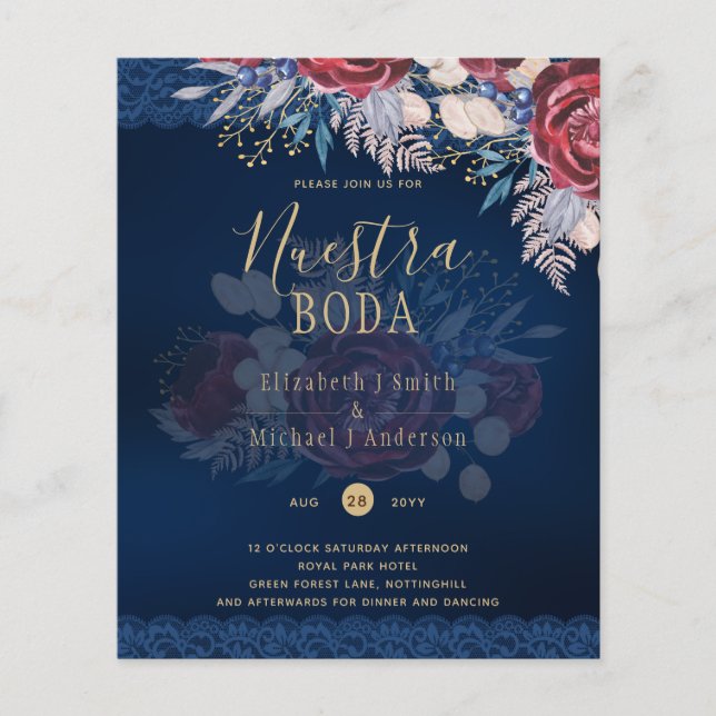 Flyer Nuestra Boda Burgundy Blue Floral Lace INVITE (Frente)