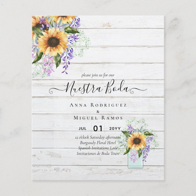 Flyer Nuestra Boda Convite Casamento Espanhol GIRASSÓIS (Frente)
