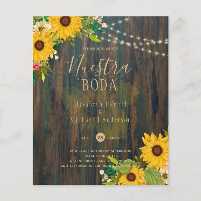 Flyer NUESTRA BODA Girassóis Invólucro da madeira russa (Frente)