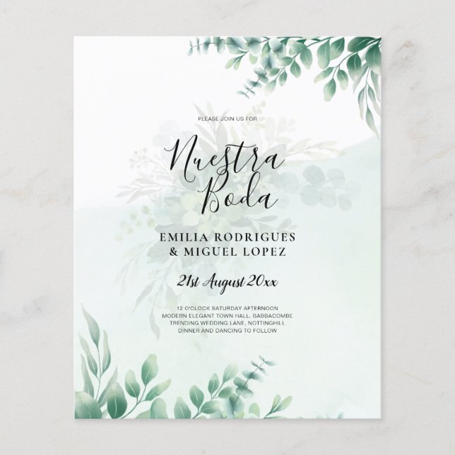 Flyer NUESTRA BODA Greenery Convite para WEDDING espanho (Frente)