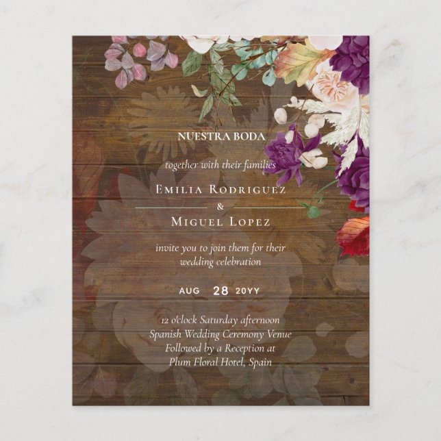 Flyer NUESTRA BODA Plum Fall Floral Casamento espanhol (Frente)