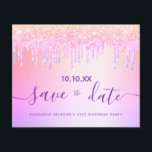 Flyer O orçamento de brilho roxo do aniversário salve a<br><div class="desc">Por favor, note que esta data está no papel folheto e muito fina. Os envelopes não estão incluídos. Para placas mais grossas (mesmo design) visite nossa loja. Uma moda e moda Salve a data para uma festa de aniversário de 21 (ou qualquer idade). Um arco-íris e fundo de cor unicórnio...</div>