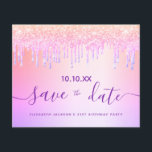 Flyer O orçamento de brilho roxo do aniversário salve a<br><div class="desc">Por favor, note que esta data está no papel folheto e muito fina. Os envelopes não estão incluídos. Para placas mais grossas (mesmo design) visite nossa loja. Uma moda e moda Salve a data para uma festa de aniversário de 21 (ou qualquer idade). Um arco-íris e fundo de cor unicórnio...</div>