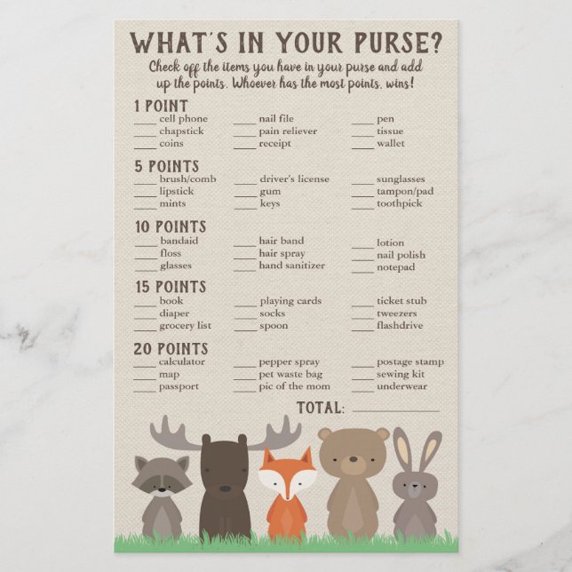 Flyer O que está no seu jogo de bolsa para chá de bebê f (Frente)