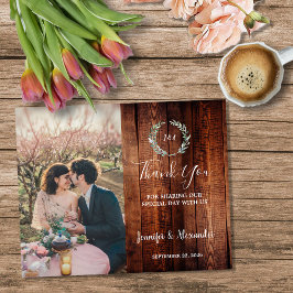 Flyer Obrigado casamento com foto em madeira rústica eco