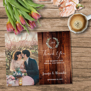 Flyer Obrigado casamento com foto em madeira rústica eco