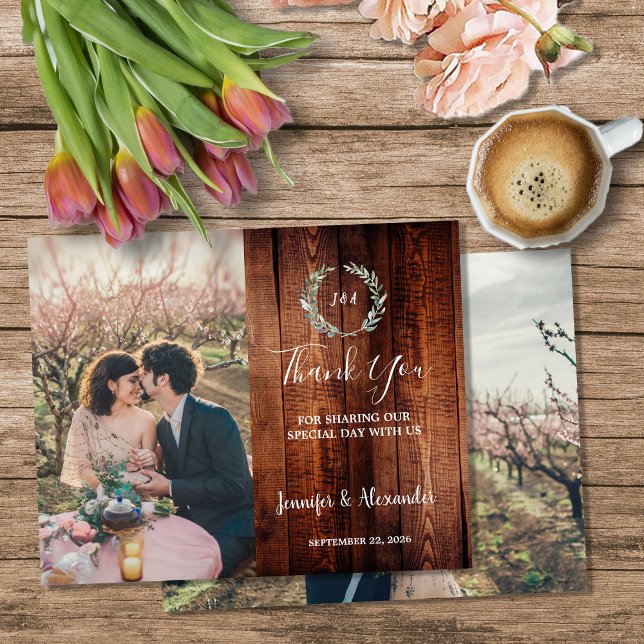Flyer Obrigado casamento em madeira rústica orçamentária (Budget rustic wood photo Thank you wedding Flyer. You can add your own photos to personalize,)
