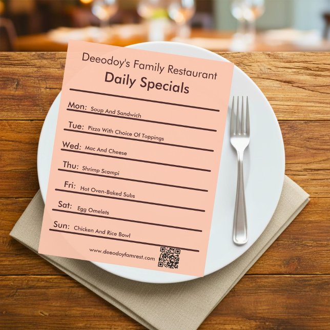 Flyer Oferta Diária do Restaurante com Código QR Pêssego (Criador carregado)