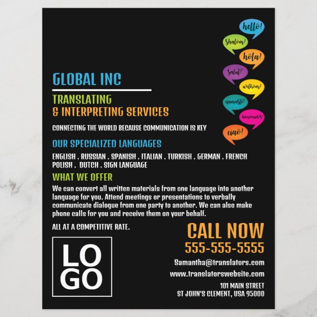 Flyer Olá, Design, Tradutor e Intérprete (Frente)