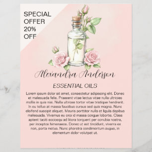 Flyer Óleos Essenciais de Rosa Garrafa Floral Aquarela