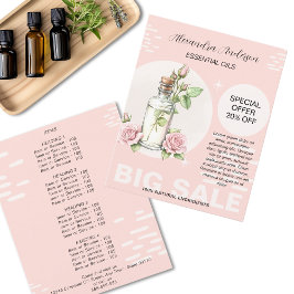 Flyer Óleos Essenciais de Rosa Garrafa Floral de Aquarel
