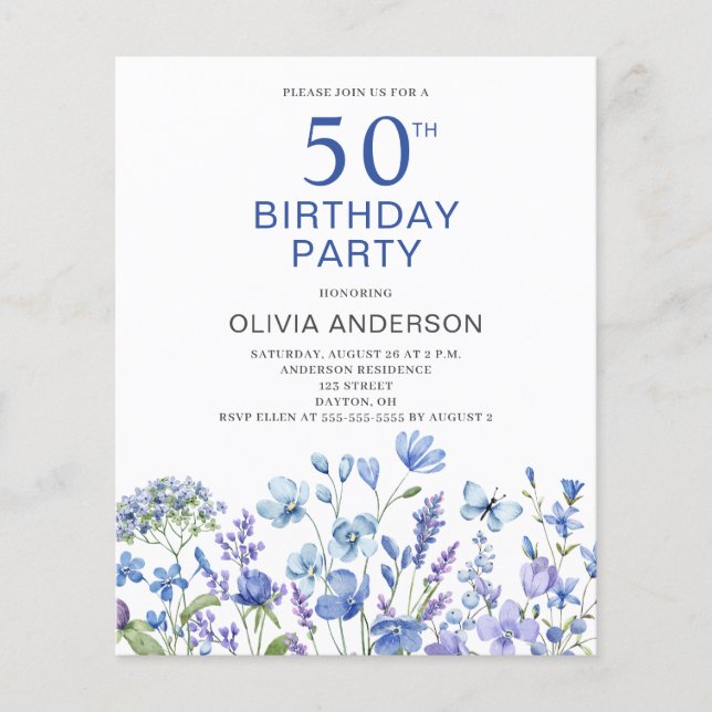 Flyer Orçamento 50º Aniversário Azul Convite Floral (Frente)