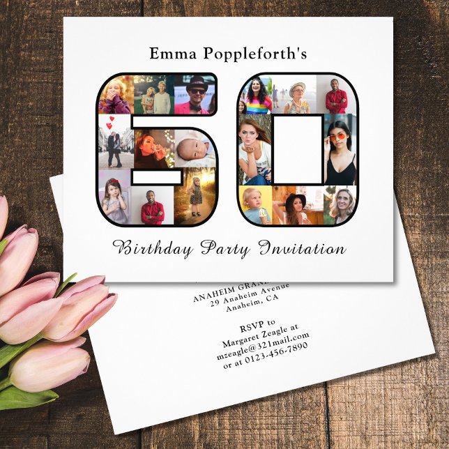 Flyer Orçamento 60º Convite de Aniversário 60 Foto Branc (60th birthday party invitation with personalized photo collage template.)