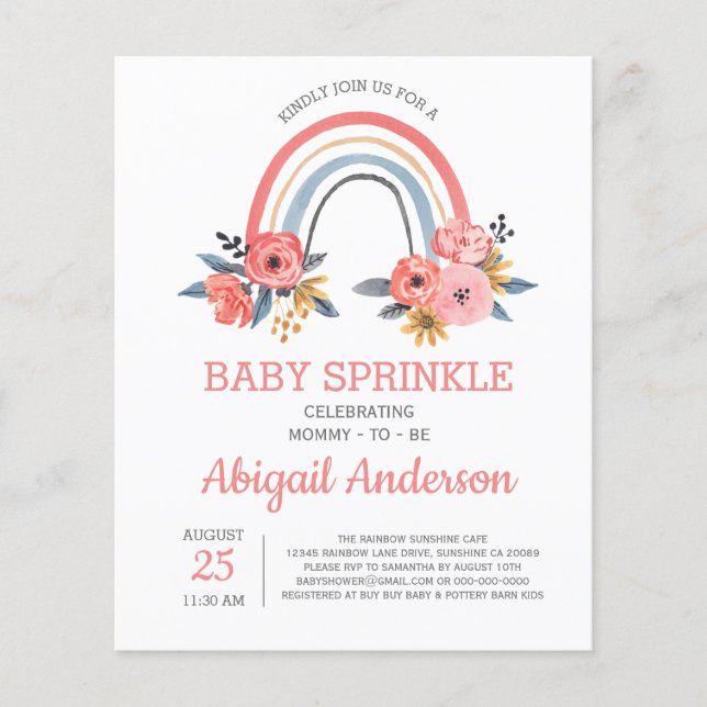 Flyer Orçamento Baby Sprinkle Rainbow Convite Floral (Frente)