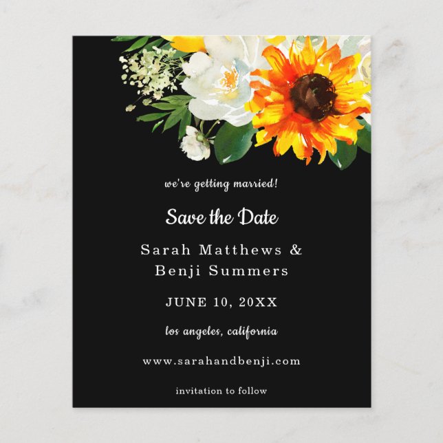 Flyer Orçamento Black Sunflower & Whi Floral Salvar Data (Frente)