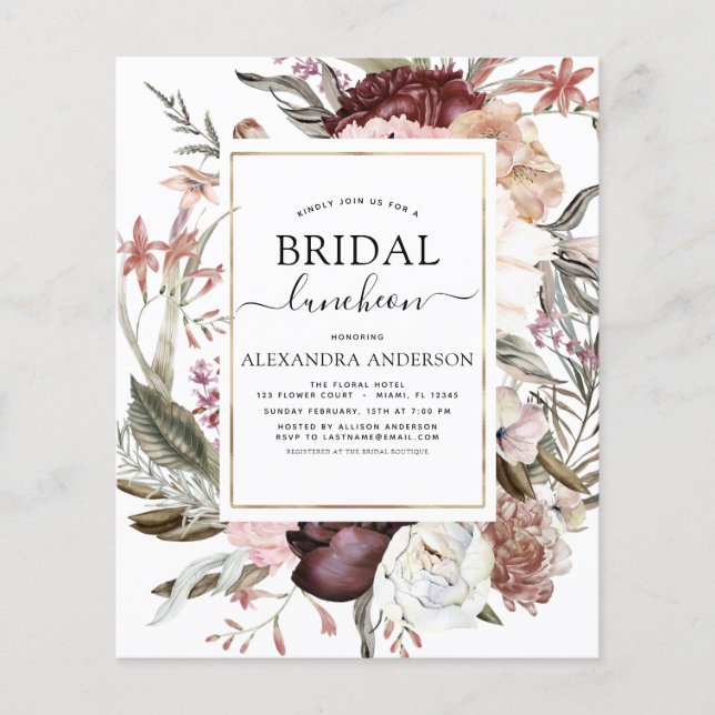 Flyer Orçamento Boho Burgundy Chá de panela Luncheon (Frente)