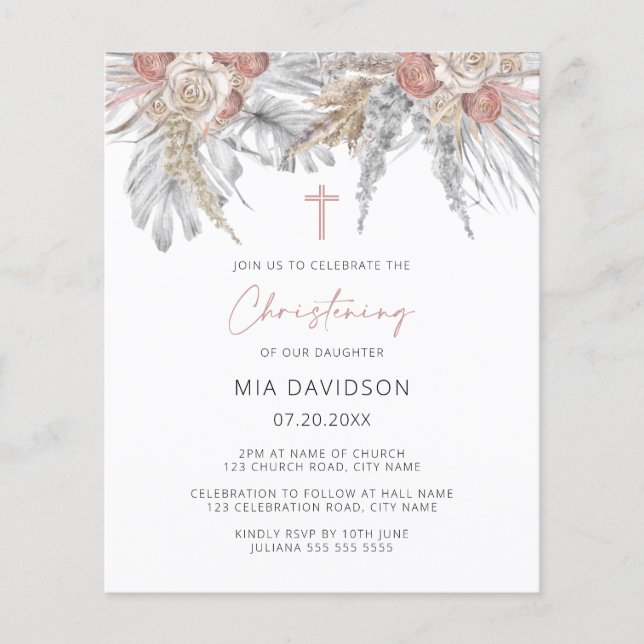 Flyer Orçamento Boho Palm Rosa Pampas Cristening Convite (Frente)
