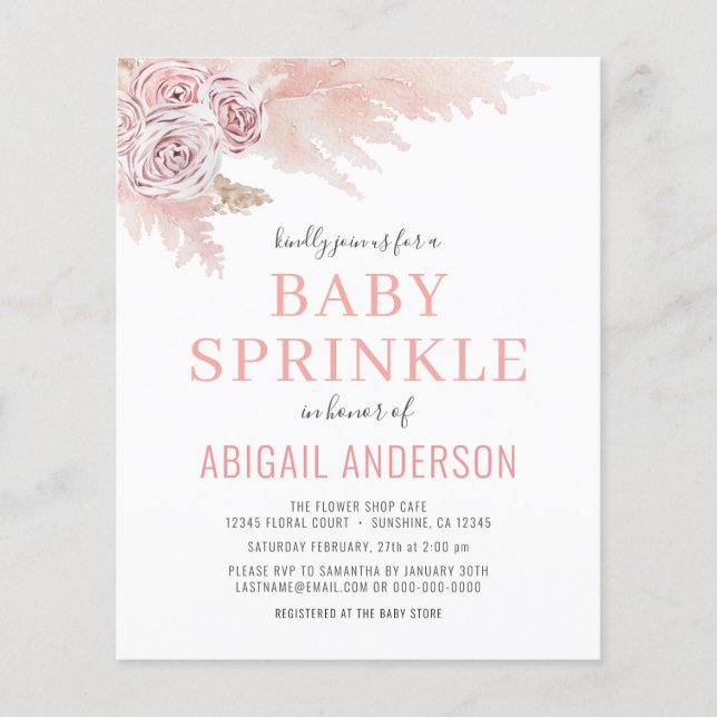 Flyer Orçamento Boho Pampas Grass Baby Sprinkle Convite (Frente)