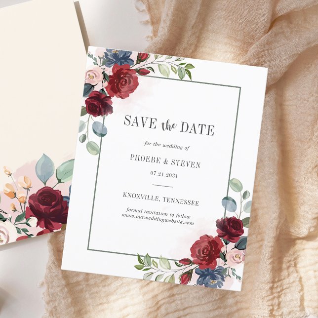Flyer Orçamento Borgonha Floral Folhagem Salve a Data (Floral Burgundy Watercolor Wedding Save the Date)