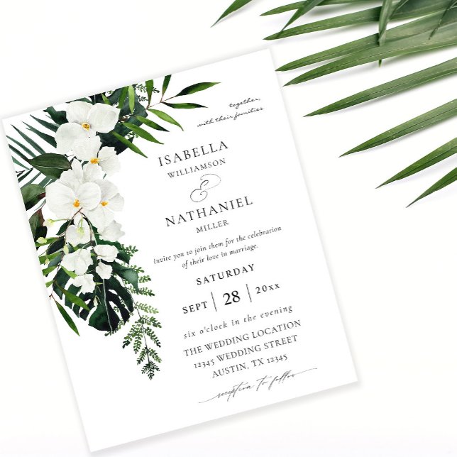 Flyer Orçamento Casamento Tropical Palma e Floral Branco (Criador carregado)