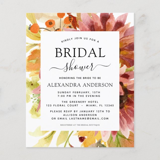 Flyer Orçamento Chá de panela de girassol Borgonha Flora (Frente)