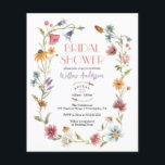 Flyer Orçamento Chá de panela de Wildflower Boho<br><div class="desc">Este design apresenta um delicado buquê de coroa de flores silvestres pintadas à mão e verde juntamente com uma adorável combinação de fontes modernas e rústicas. Veja a coleção inteira para mais itens correspondentes!</div>